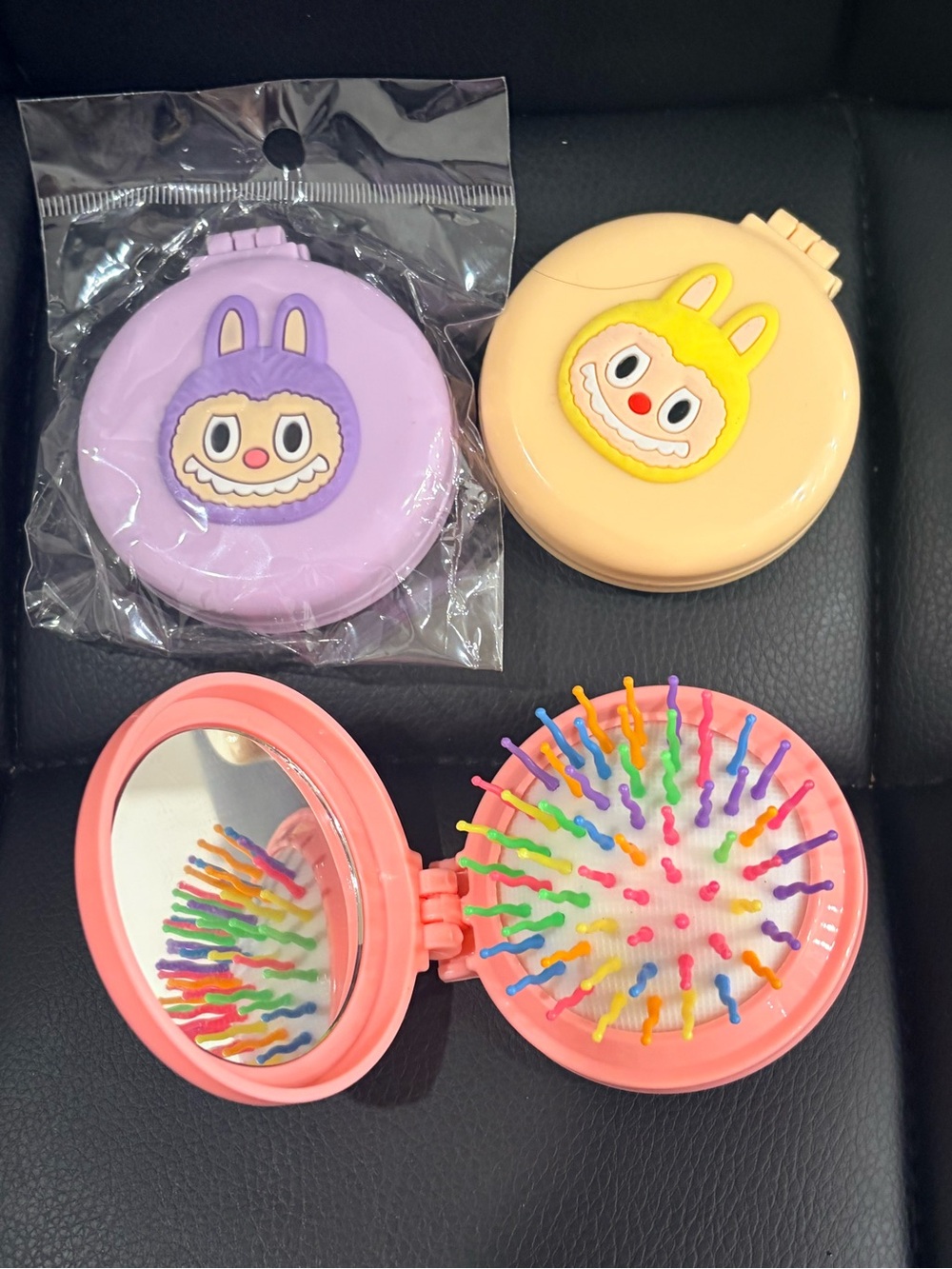 3pcs Compact Mirror & Brush - Pink, Lavender, yellow